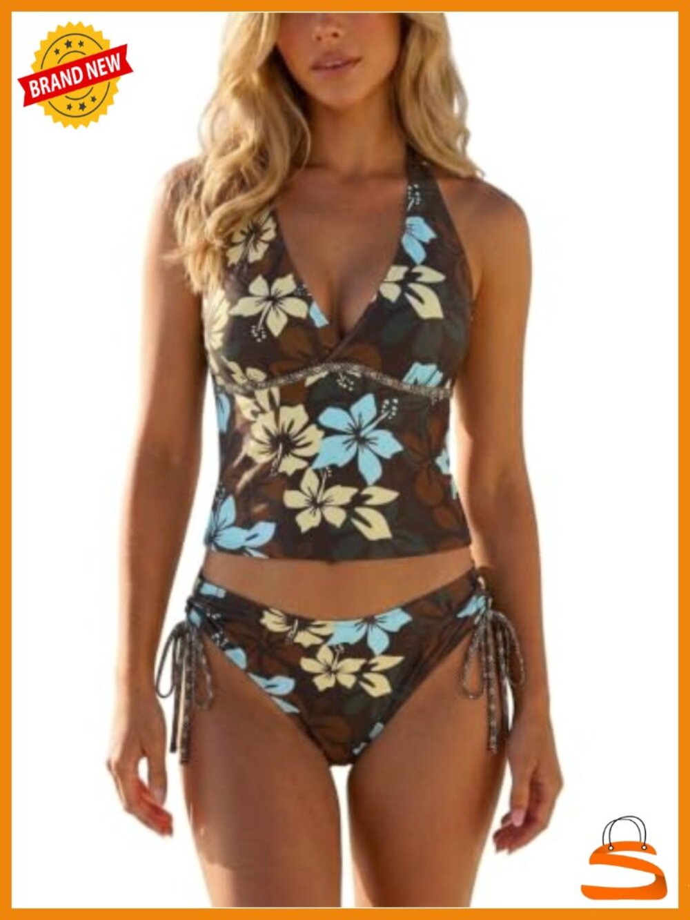 Halter Tankini Set Striped Tie Side Two Piece Swimsuit